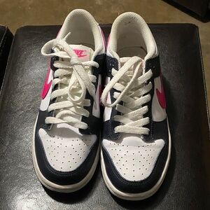 Nike White and Navy Sneakers with Pink Swoosh